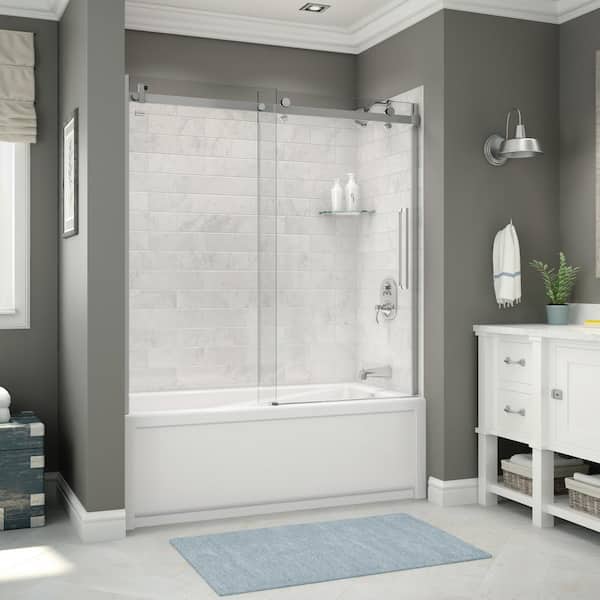 MAAX Utile 32 in. x 60 in. x 81 in. Bath and Shower Combo in Marble Carrara with New Town Right Drain, Halo Door Chrome