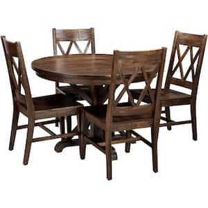 Annecy 5-Piece Natural Mango Wood Dining Set: 45 in. Round Table with Trestle Base and 4-Chairs