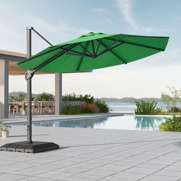 11 ft. Aluminum Outdoor Cantilever Patio Umbrella with a Base, Offset Hanging, 360° Rotation in Kelly Green