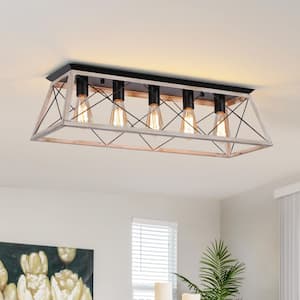 31.5 in. 5-Light Rustic White Farmhouse Trapezoidal Metal Shade Flush Mount Ceiling Light