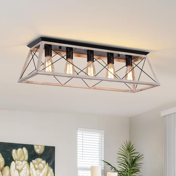 GoYeel 31.5 in. 5-Light Rustic White Farmhouse Trapezoidal Metal Shade Flush Mount Ceiling Light
