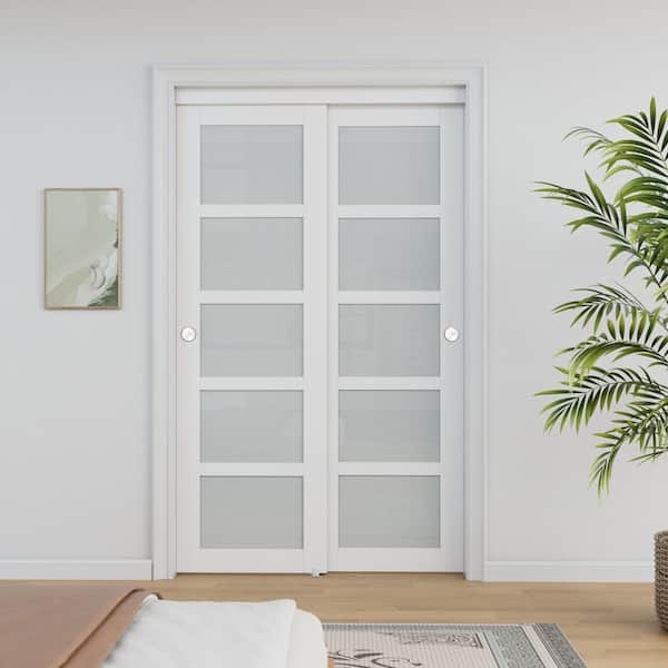 48 in. x 80 in. 5-Lite Frosted Glass Primed White MDF Interior Closet Sliding Door Sliver Handles and Hardware