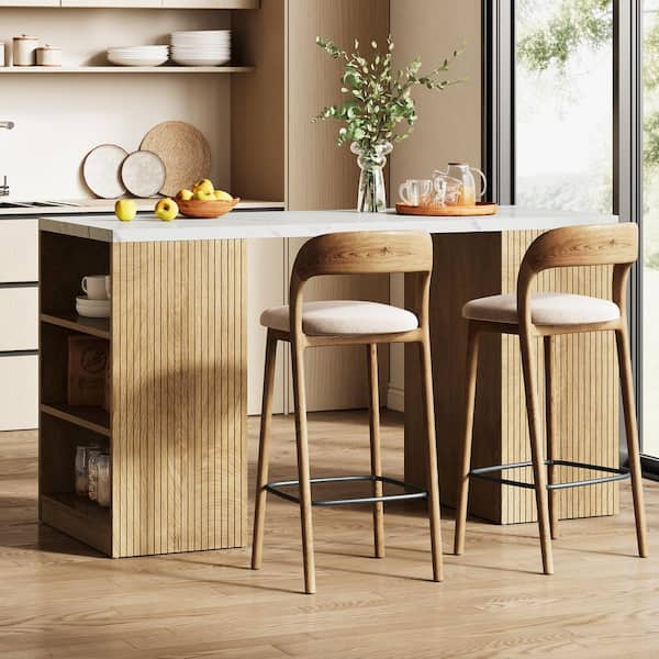 White Marble and Brown Wood 63 in. Kitchen Island, Rectangle Dining Table with 3-Tier Open Shelves for Kitchen Island