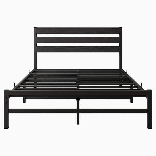 Black Metal Frame Full Size Platform Bed with Rustic Vintage Black Wooden Headboard, No Box Spring Needed