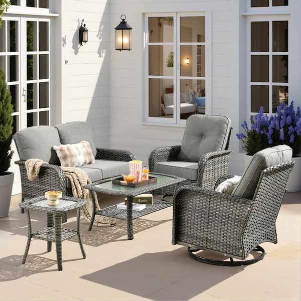 Missisi Gray 5-Piece Wicker Patio Conversation Set with Dark Gray Cushions and Swivel Chairs
