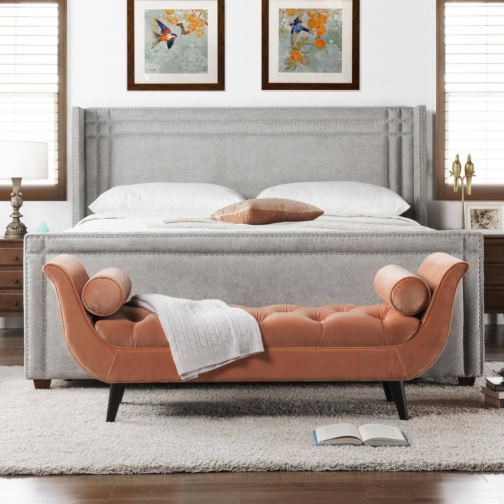 Elegant Silver Grey King Wingback Bed with Nailhead Trim and Pine Frame