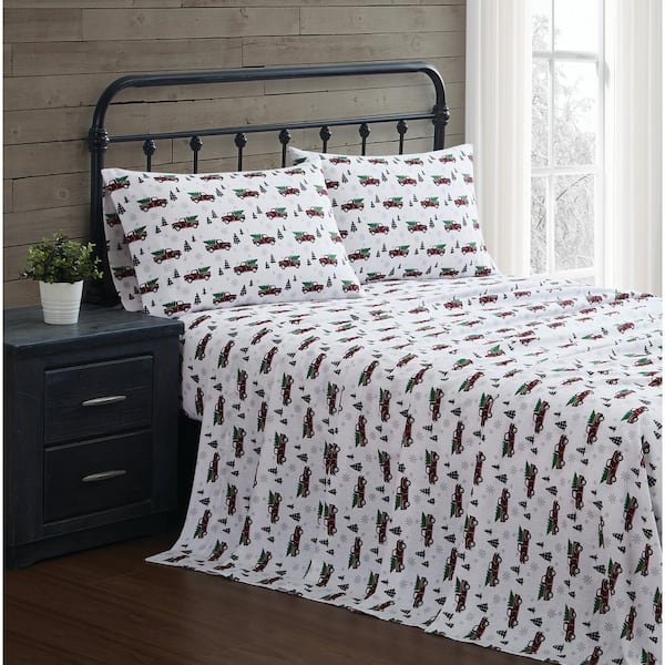 Truly Soft Holiday Truck Queen Flannel Sheet Set