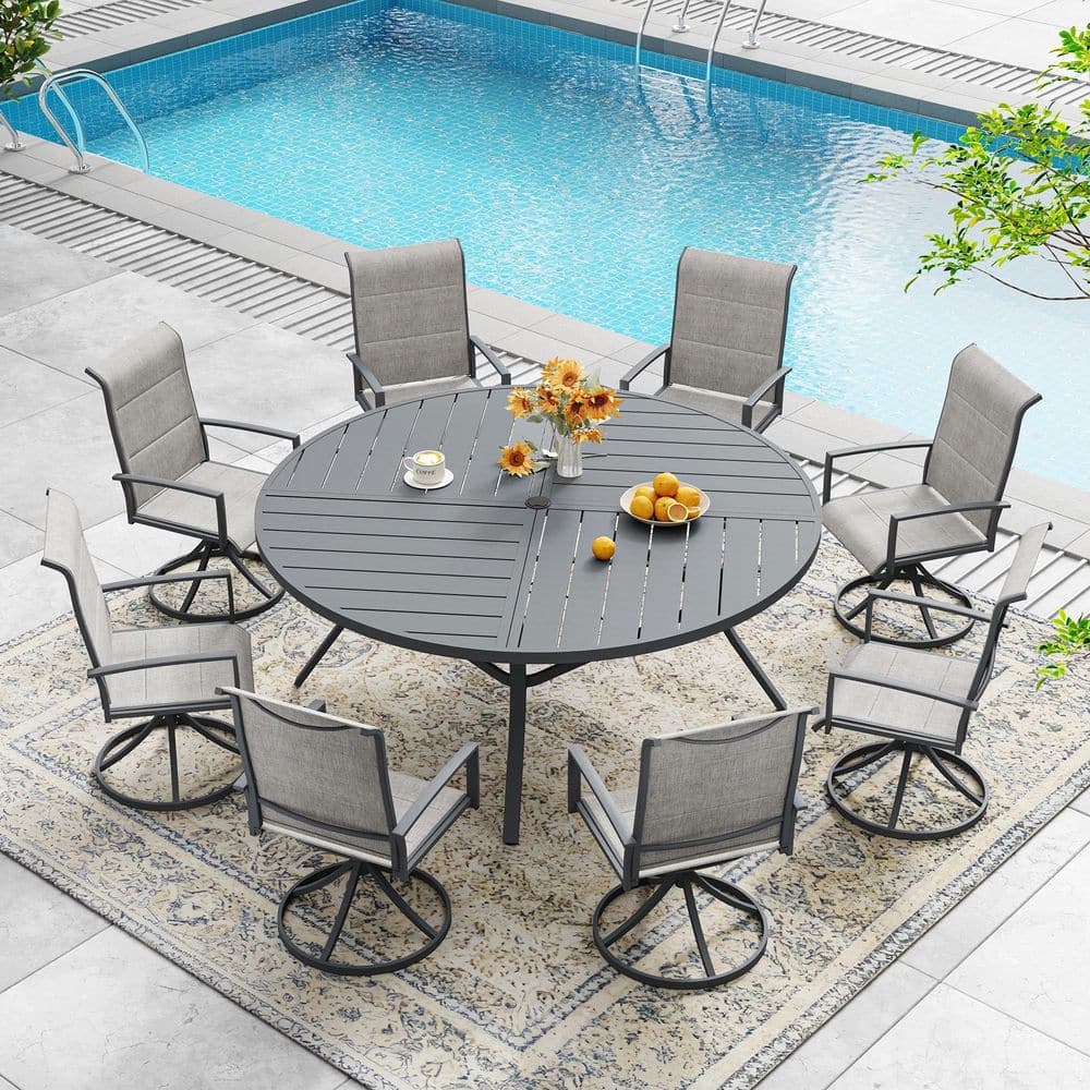9-Piece Metal Textilene Outdoor Patio Dining Set with 59.8 in. Gray Round Table and 8 Swivel Dining Chairs in Gray price history on PriceWatchPro