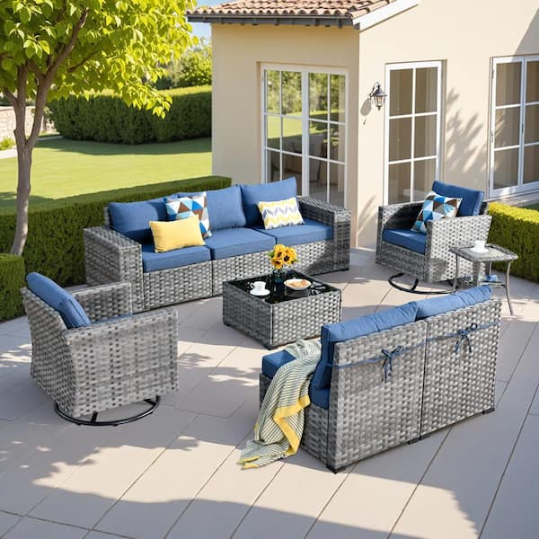 HOOOWOOO Howell 9-Piece Wicker Outdoor Furniture Patio Conversation Sofa Set with Swivel Rocking Chairs and Denim Blue Cushions
