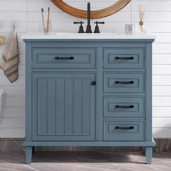 36 in. Single Sink Freestanding Blue Bath Vanity with White Ceramic Sink Top, Solid Wood Frame Storage Cabinet
