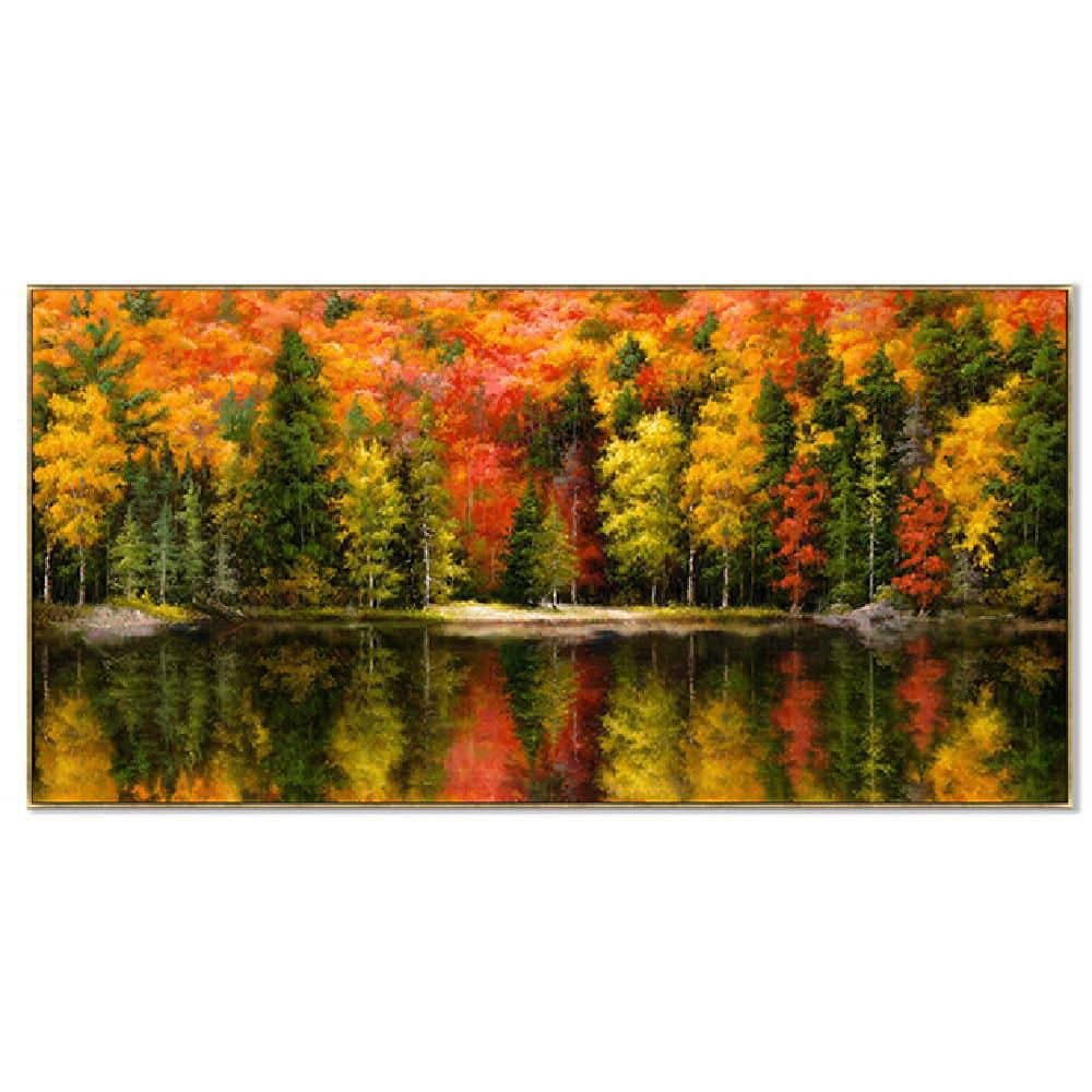 Large Autumn Landscape Abstract Canvas Painting with Gold Frame