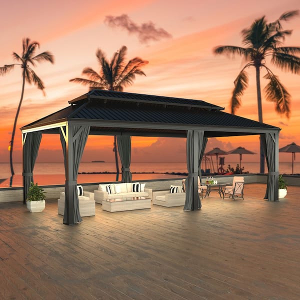 20 ft. W x 14 ft. L Aluminum Double Hardtop Gazebo with Curtains and Netting