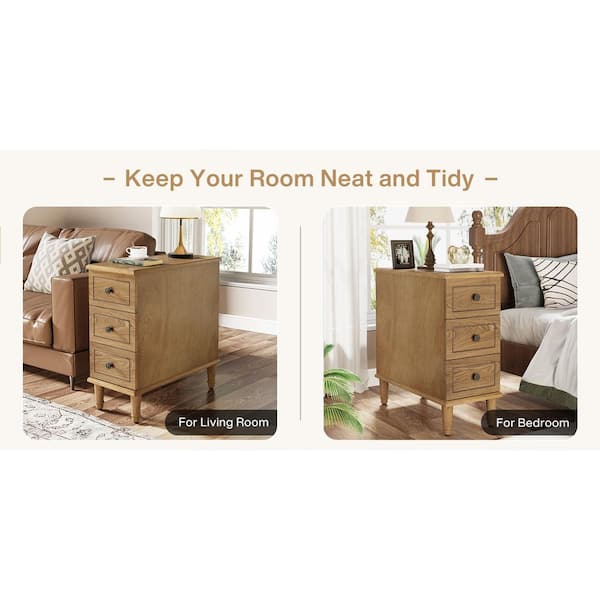 Kerlin 23.62 in. W Light Brown Rectangle (Set of 2) Assembled Wood End Side Table 3-Drawers Bedside Nightstand 2-Pieces