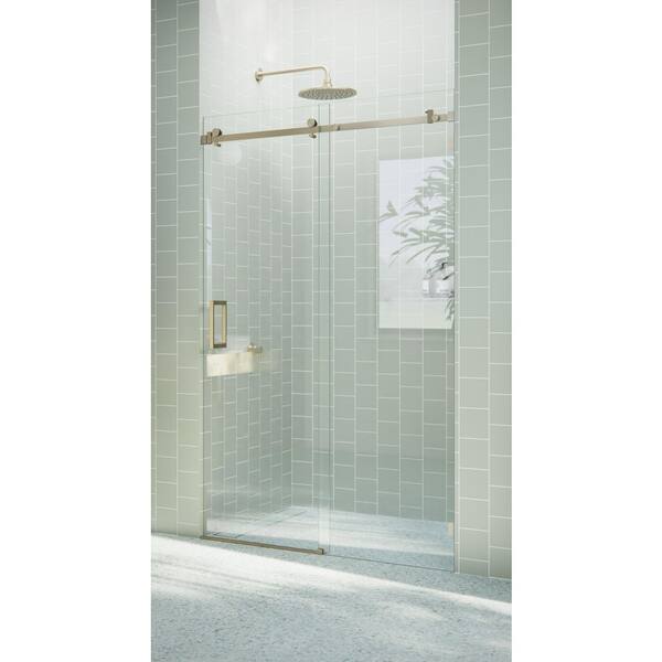 Astro 52 in. W x 78 in. H Sliding Frameless Shower Door with Square Hardware in Brushed Bronze with Clear Glass