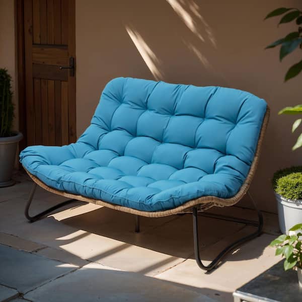 Crestlive Products Pattened Metal Double Papasan Outdoor Loveseat with Blue Cushion