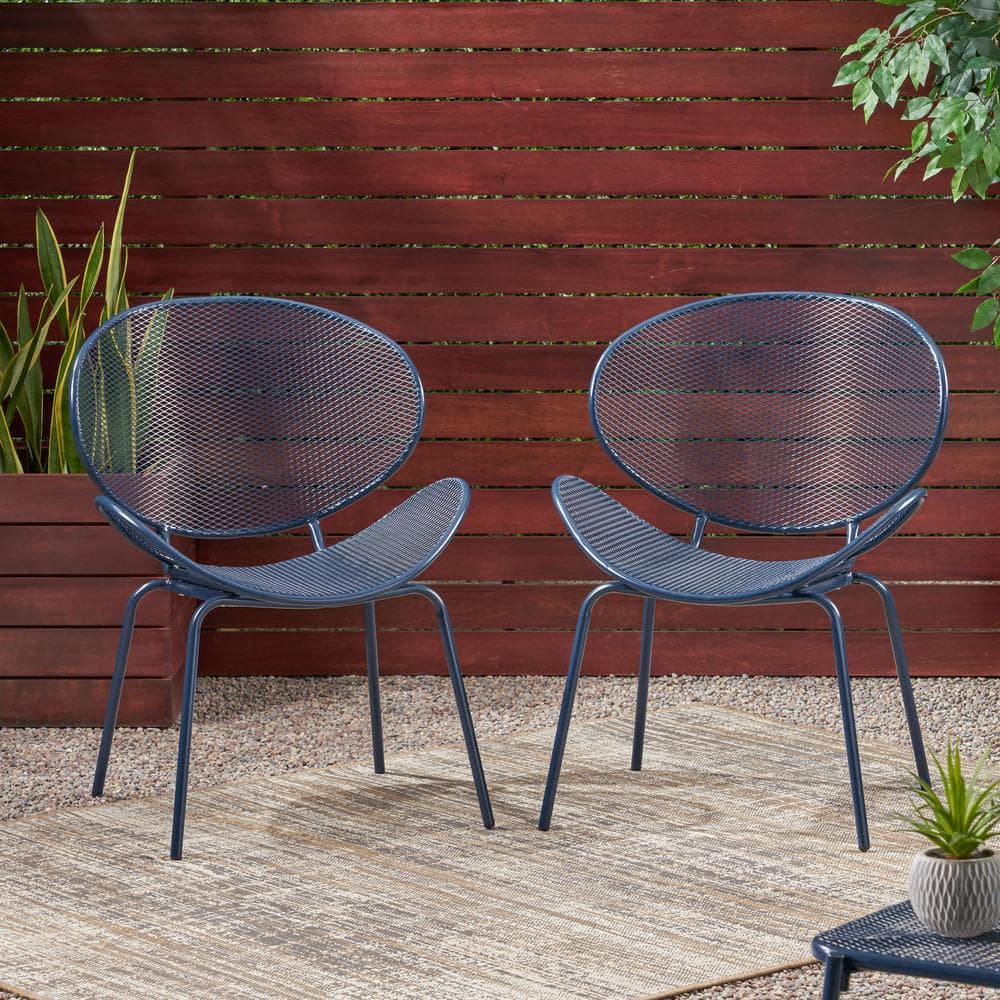 Navy Blue Iron Shell Outdoor Dining Chair Set of 2