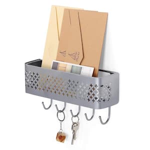 Silver Mail Sorter Key Storage Rack Wall-Mounted Metal Entrance Storage Basket with 5-Hooks