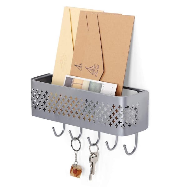 Oumilen Silver Mail Sorter Key Storage Rack Wall-Mounted Metal Entrance Storage Basket with 5-Hooks