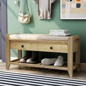 Entryway Light Wood Storage Bench with Cushioned Seat, Drawers and Shoe Rack 19.8 in. H x 39 in. W x 14 in. D