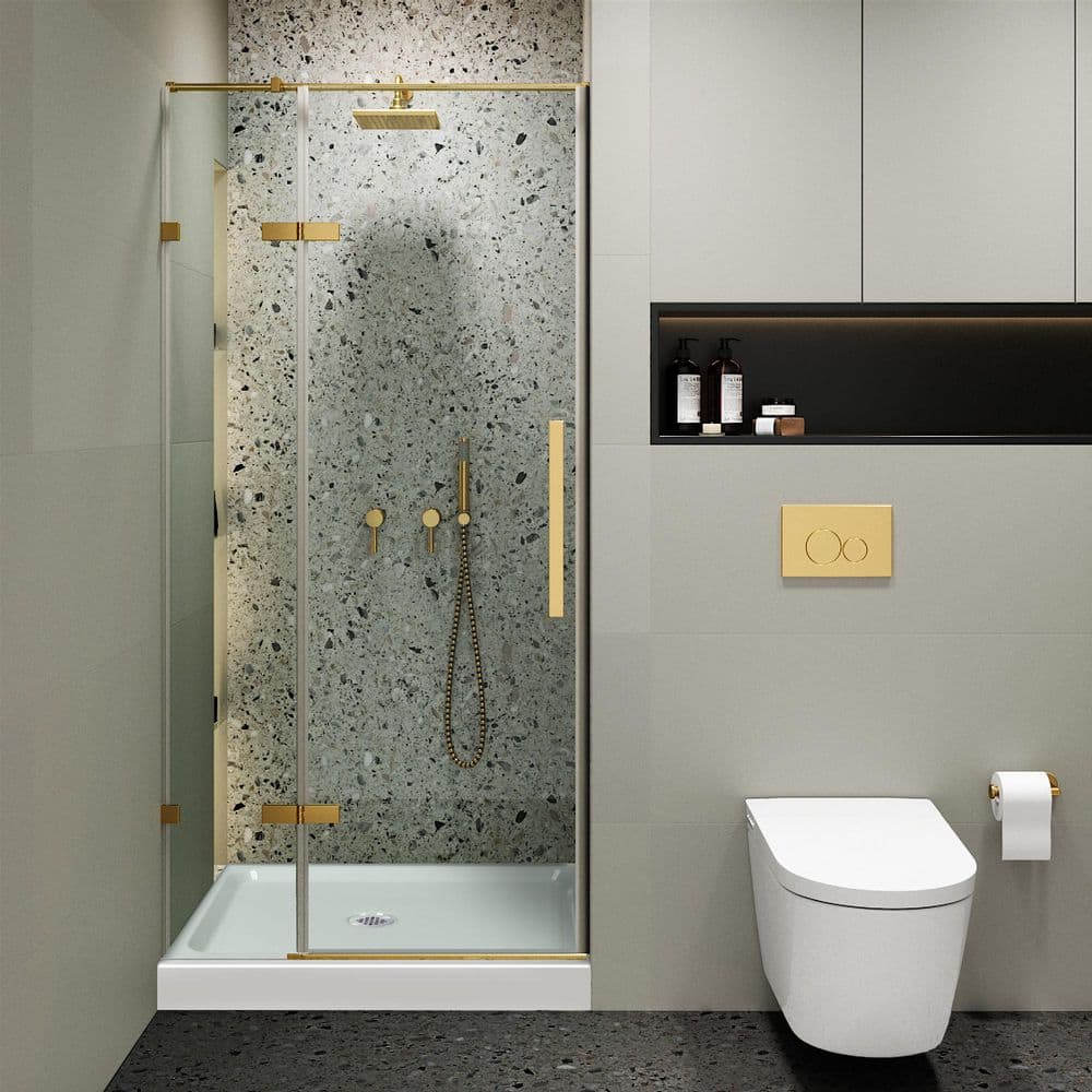 Satin Brass Hinged Frameless Shower Door with Clear Tempered Glass