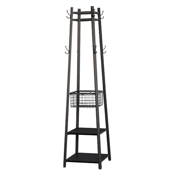 VECELO Black Industrial Coat Rack Freestanding, Clothes Stand with Metal  Basket and 2-Shelves, Purse Hanger with 8-Dual Hooks KHD-XJM-FH01-BLK - The  Home Depot