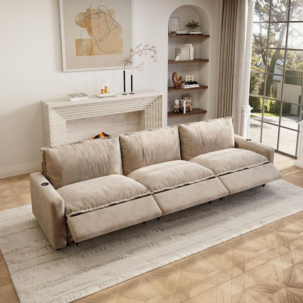 Power Recliner Couch,116 in. Square Arm 3-Piece Linen Modular Motion Sectional Sofa with Heating, USB Ports in Khaki