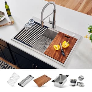 Siena 30 in. Drop-in Single Bowl 16-Gauge Stainless Steel Workstation Kitchen Sink with Rounded Corners and Accessories