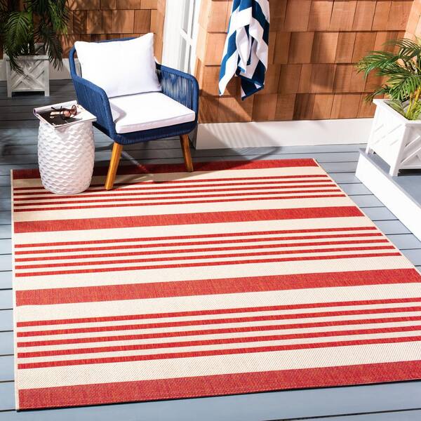 Beach House Beige/Red 5 ft. x 5 ft. Striped Indoor/Outdoor Square Area Rug