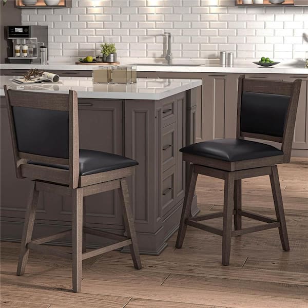 Costway 25 in. Black and Light Gray Back Wood Swivel Bar Stool with Faux Leather Seat Set of 2