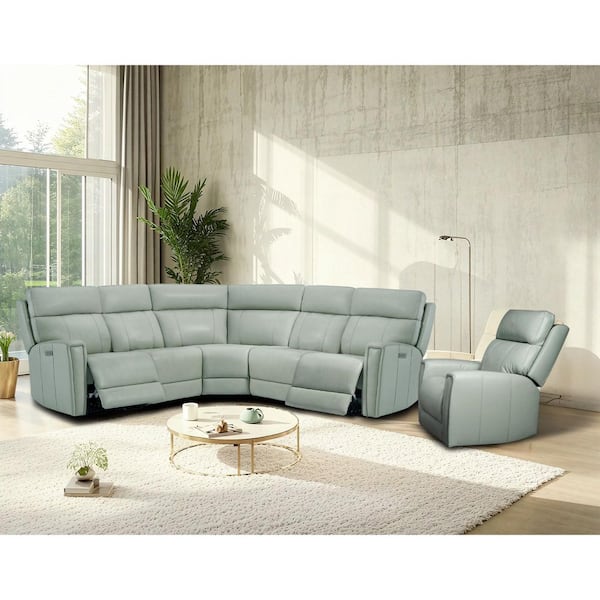 Hank 104 in. 6-pieces Genuine Leather Dual Power Sectional and Recliner Living Room Set with Zero Gravity in Seafoam