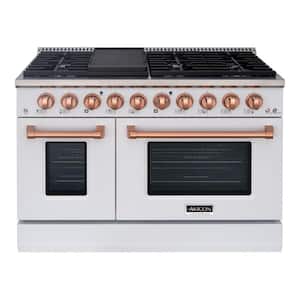 48in. 8 Burners Freestanding Gas Range in White and Copper with Convection Fan Cast Iron Grates and Black Enamel Top