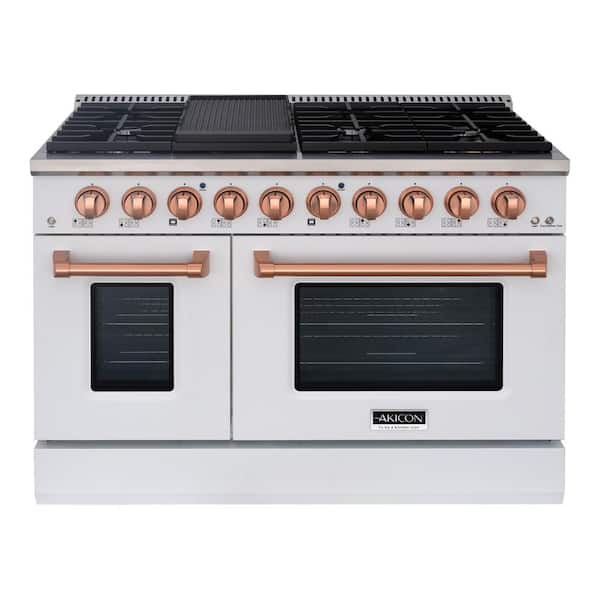 Akicon 48in. 8 Burners Freestanding Gas Range in White and Copper with Convection Fan Cast Iron Grates and Black Enamel Top