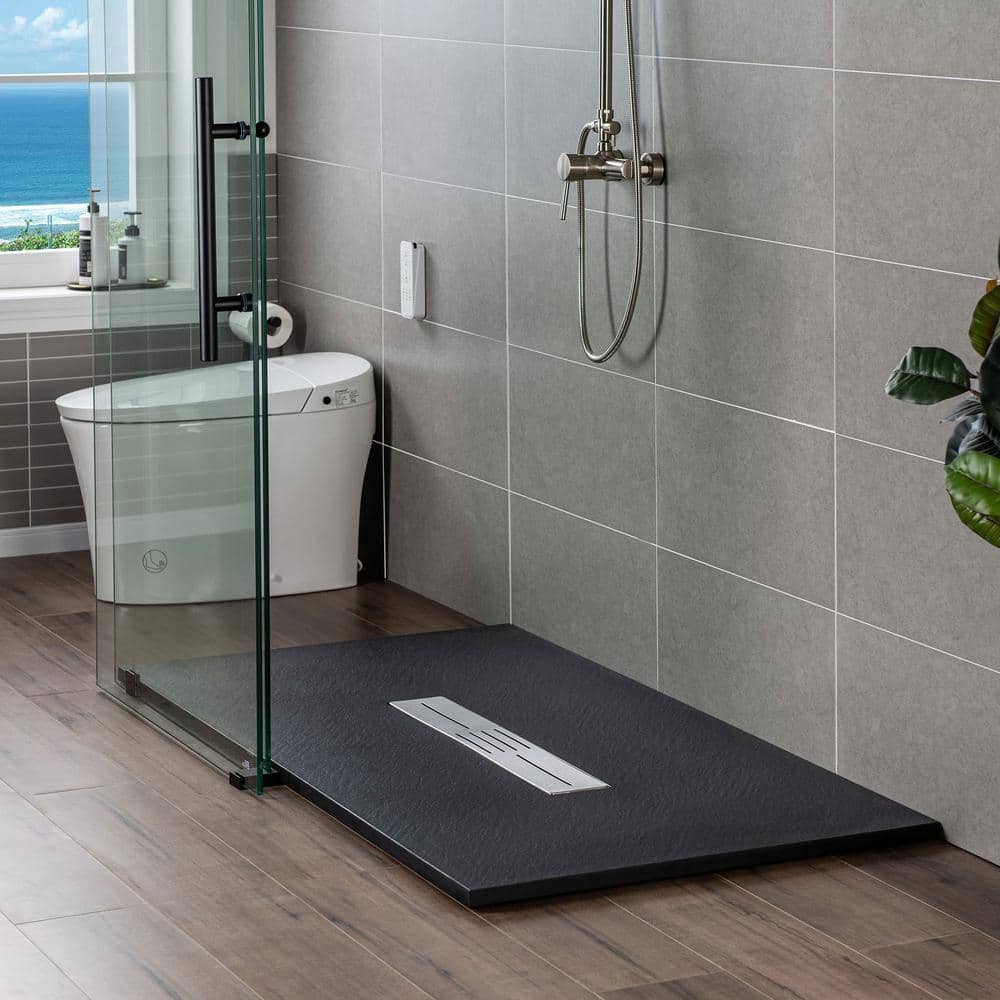 Black Solid Surface Low-Profile Rectangular Shower Base