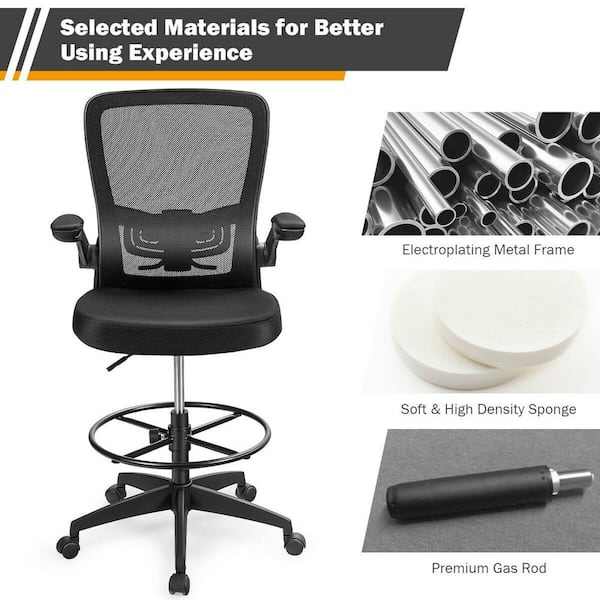 FORCLOVER Swivel Black Mesh Fabric Seat Office Drafting Chair with Flip-Up Arms and Lumbar Support