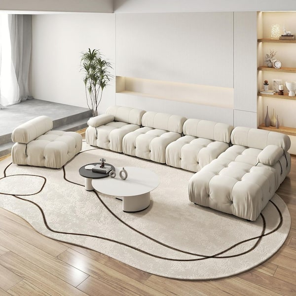 Chameleon 138 in. Square Arm 6-piece Modern Velvet Modular Combination Sectional Sofa Living Room with Ottoman in Beige