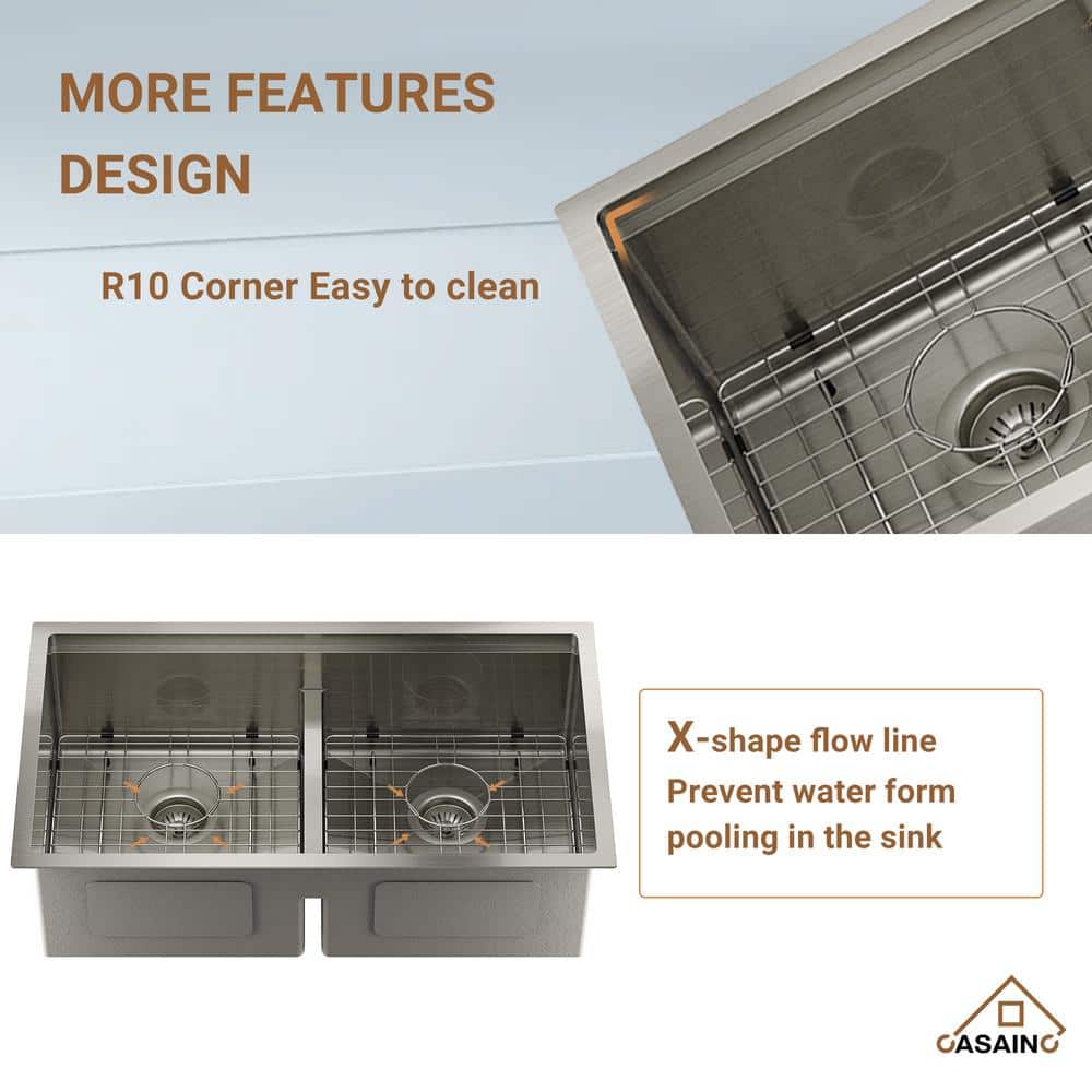 33'' Stainless Steel Undermount Double Bowl Kitchen Sink with Faucet