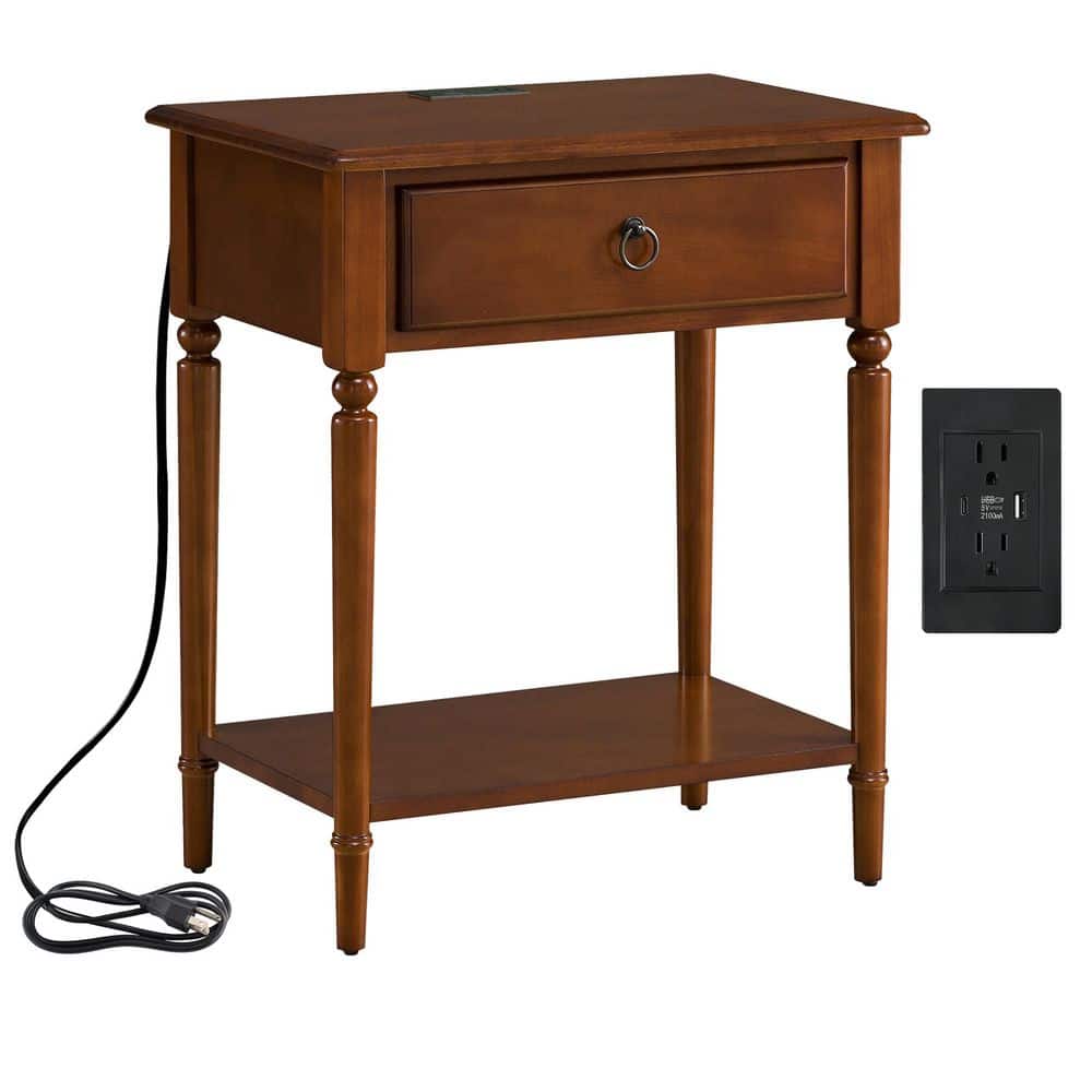 Pecan Brown Solid Wood Coastal Side Table with USB-C Fast Charging Station