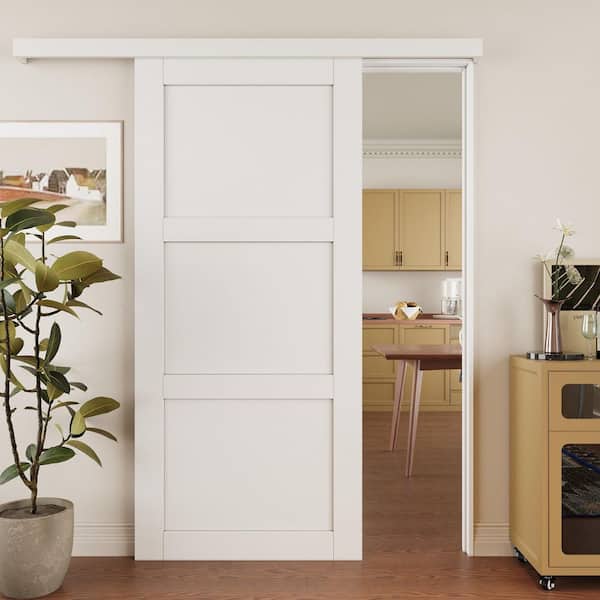 36 in. x 80 in. Hidden Track Style 3 Panel White Primed MDF Sliding Barn Door with Hardware Kit