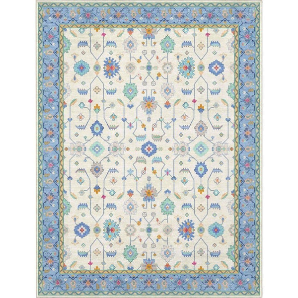 Ushak Antalya Modern Vintage Persian, 6 ft. in. x 9 ft. in., Ivory Blue Multi Area Rug