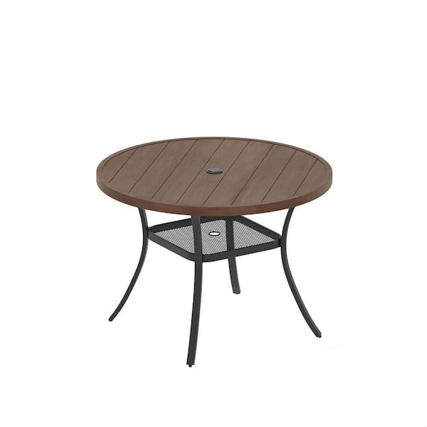 47.2 in. Round Metal Outdoor Dining Table with Umbrella Hole and Storage Shelf in Walnut