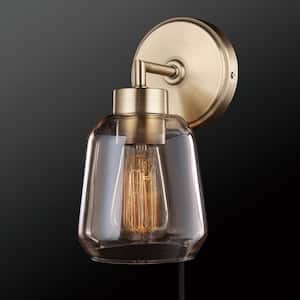 Salma 1-Light Matte Brass Plug-In or Hardwire Wall Sconce with Smoked Amber Glass Shade and In-Line On/Off Switch