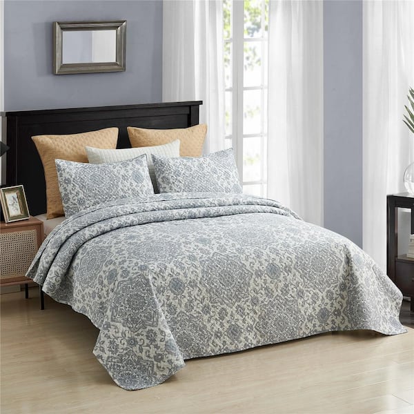 JML 3-Piece Queen Size Microfiber Gray Floral Reversible Quilt Set