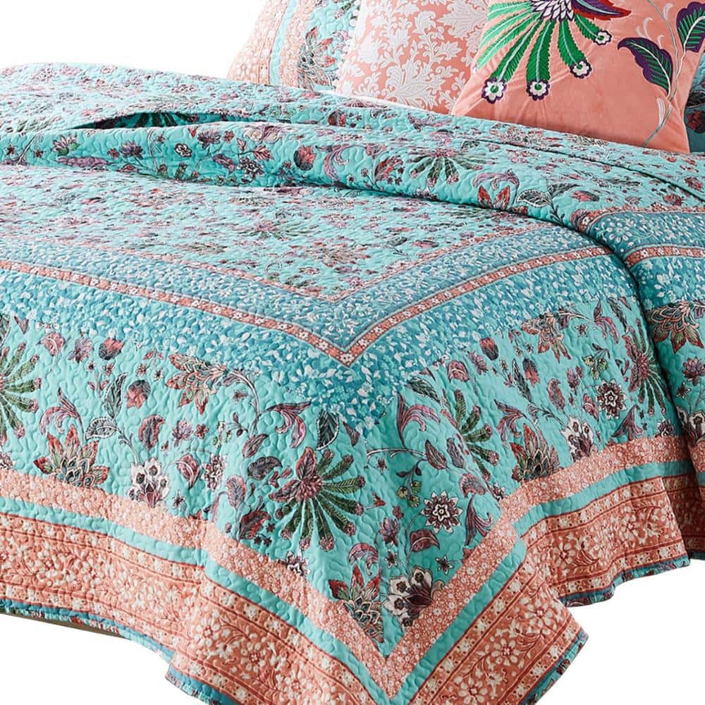 Turquoise and Coral Reversible Full Microfiber Quilt Set