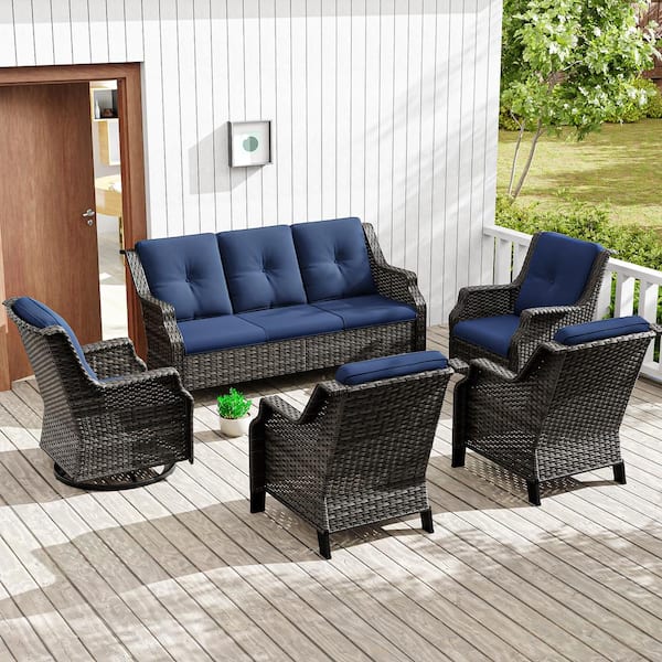 JOYSIDE 5-Piece Wicker Outdoor Sectional Set Sofa and Lounge Chairs Patio Conversation Set with Blue Cushions