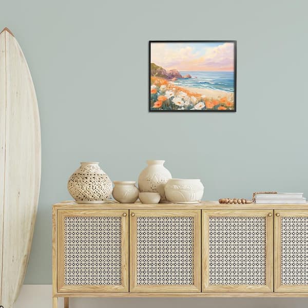 Poppies by Beach Bay by Arlington Prints Black Framed Nature Giclee Art Print 16 in. x 20 in.