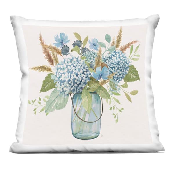 Hydrangea in Mason Jar Green Abstract Polyester 18 in. x 18 in. Throw Pillow