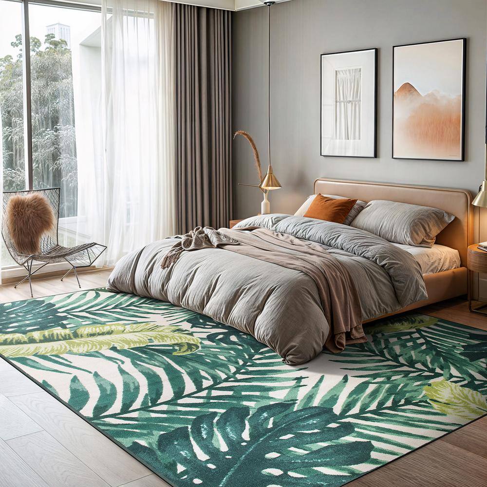 Large Green and White Synthetic Tropical Floral Area Rug