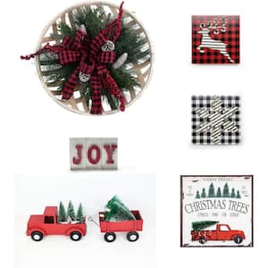 20 in. Christmas Decorating Kit with Wreath, Joy Blocks, Tree Sign, Truck/Wagon, Reindeer/Snowflake Plaques (5-Piece)