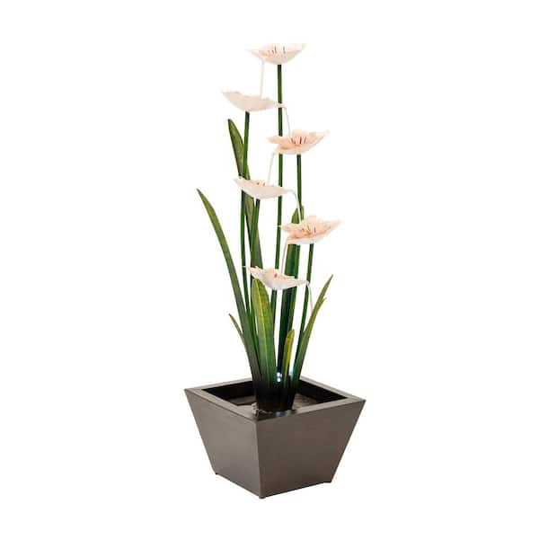 Metal Sculptural Cascade Multi-tiered Flower Water Fountain, Black and White, 39 in. Tall, w/LED Lights