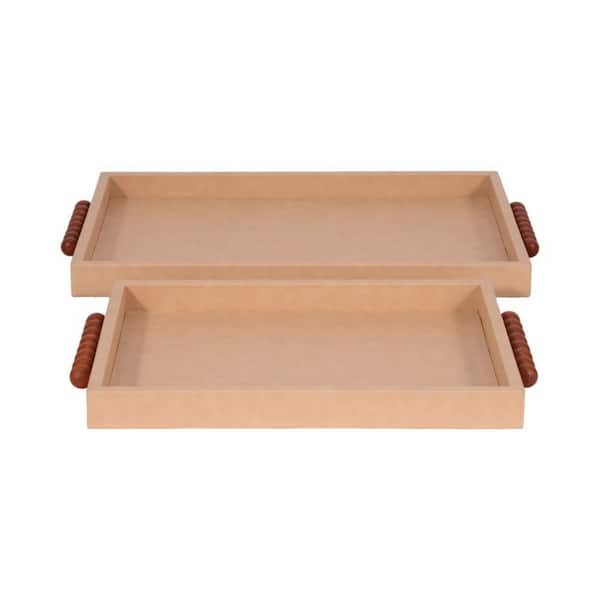 Liv & Skye 16/20 in. Ivory Wood and Faux Leather Trays with Beaded Handles (Set of 2)